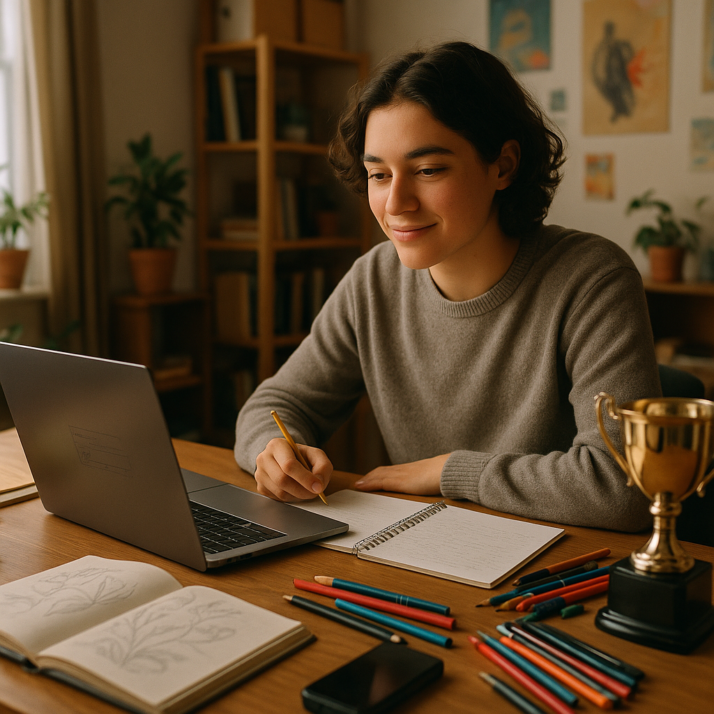 Photo Idea : A student sitting at a desk with a laptop, surrounded by a notebook, art supplies, and a trophy—visualizing the many sides of an applicant beyond tests.
