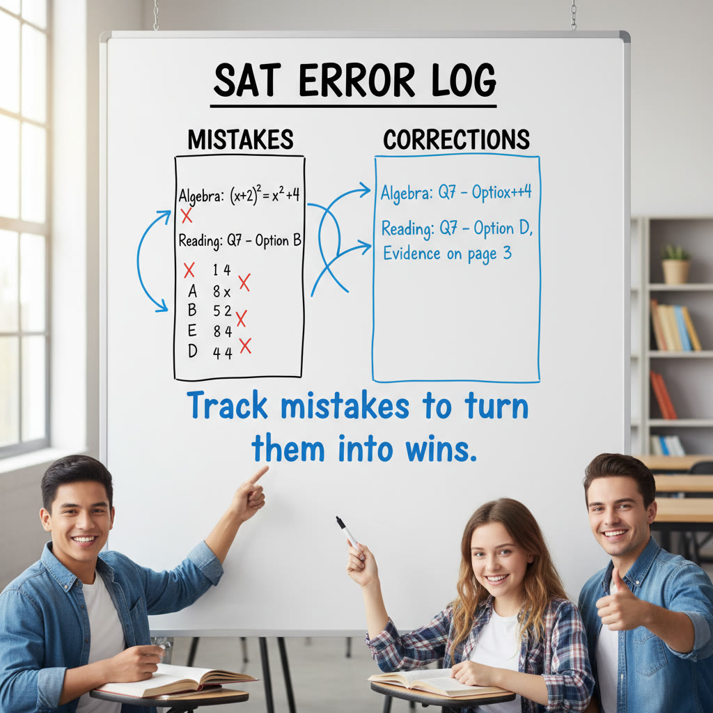Photo idea: Whiteboard with an error log and corrections, arrows showing progress—caption: