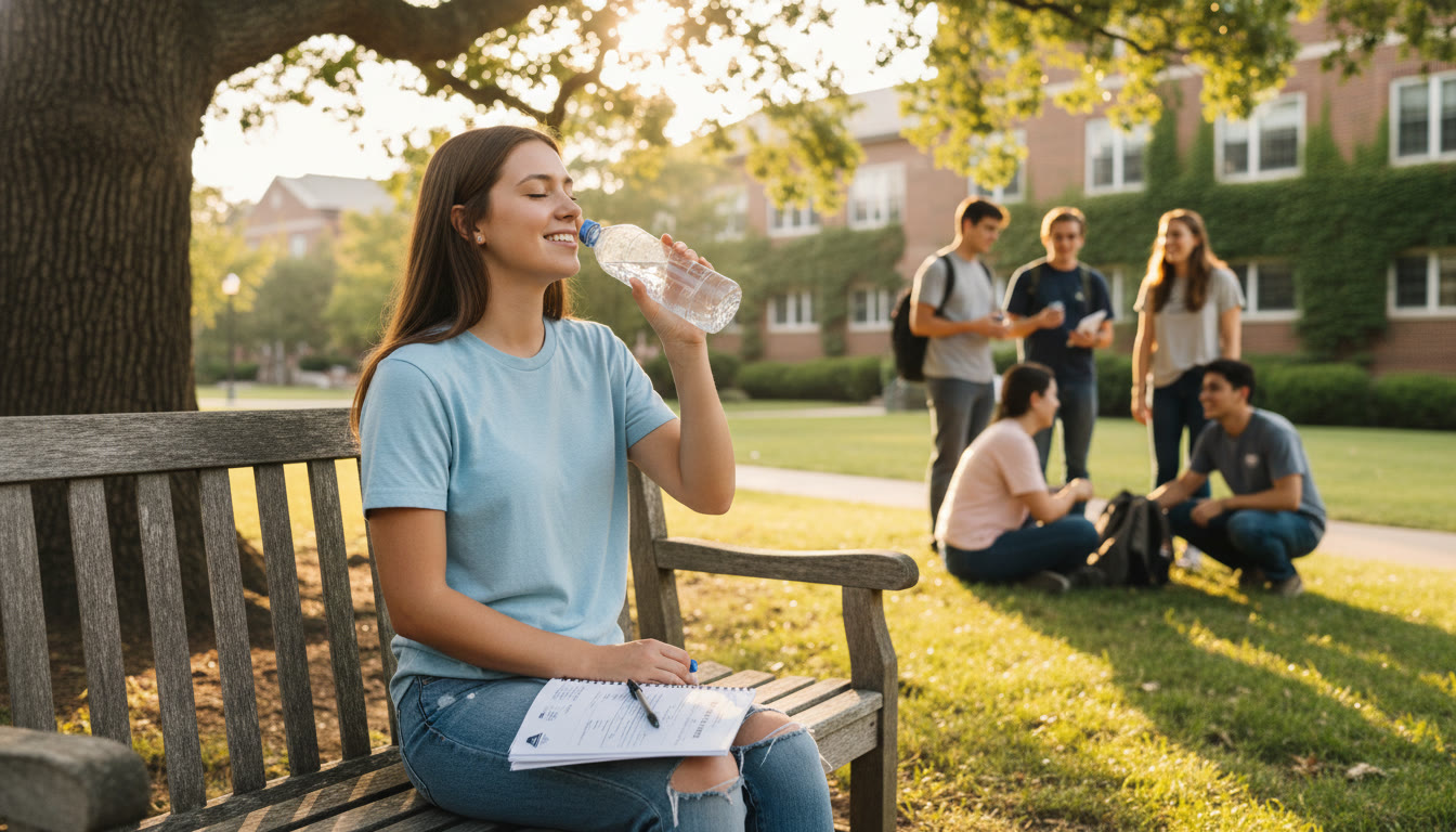 Photo Idea : A calm post-exam scene: a student outdoors sipping from a water bottle, a score report or notebook folded neatly nearby, capturing relief and recovery after a long test.