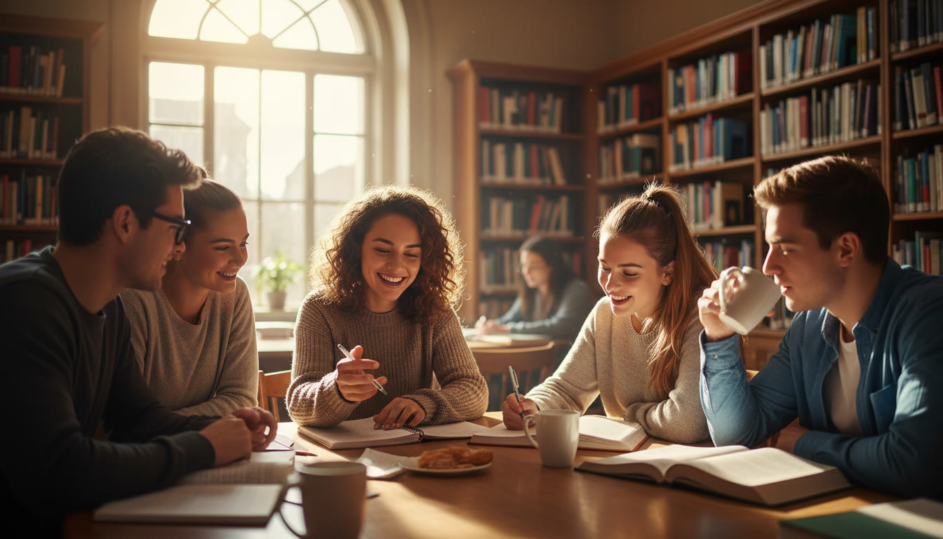 Photo Idea : A small study group in a bright library corner, one student explaining a concept on a notebook while others listen—captures collaboration and focused discussion.