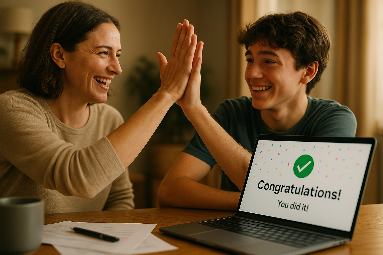 Photo Idea : A close-up, candid shot of a student and parent high-fiving next to a laptop screen showing a congratulatory message; conveys partnership, relief, and positive energy.