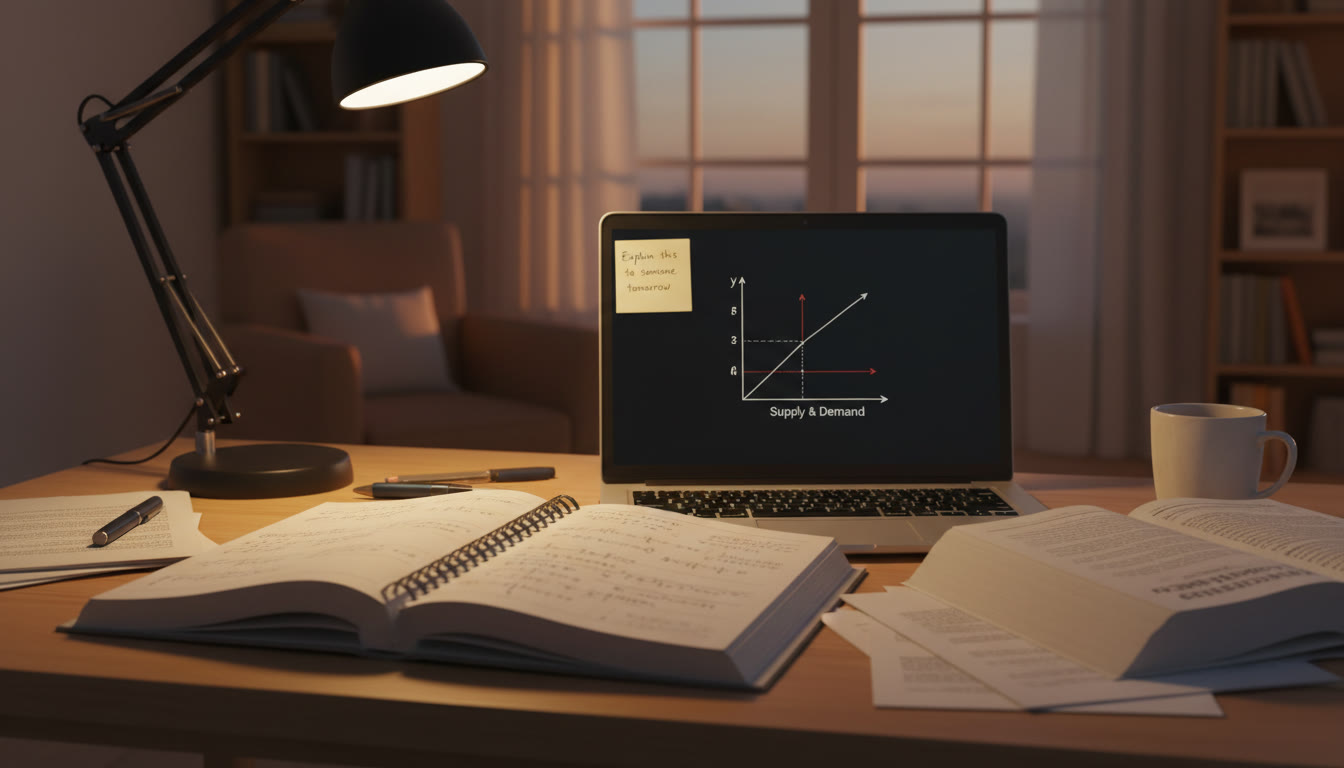 Photo Idea : A close-up, warm photo of a student’s desk in the evening: open notebook with worked calculus problems, an economics textbook, a laptop displaying a graph, and a sticky note that reads “Explain this to someone tomorrow.” The mood should feel industrious and hopeful.