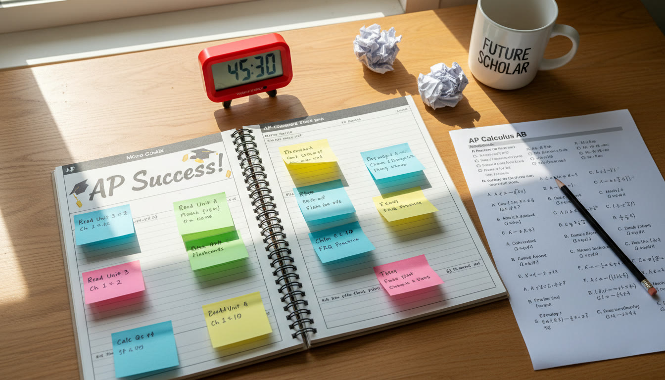 Photo Idea : Overhead shot of a study planner laid out on a desk with sticky notes showing weekly micro-goals; a digital timer and a half-completed practice test paper visible.