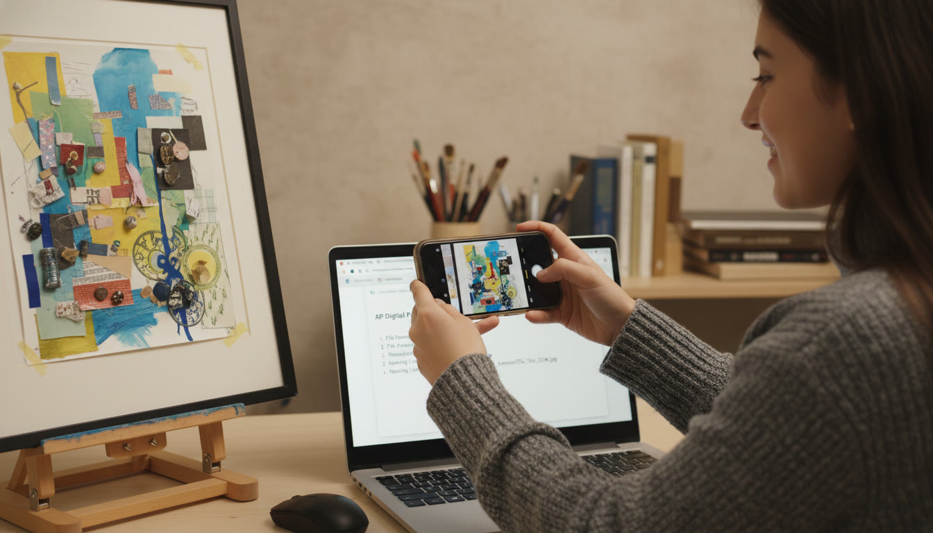 Photo Idea : A close-up shot of a student photographing a piece of artwork with a smartphone on a neutral backdrop, laptop open to a file-naming guideline document. This visually supports the digital portfolio submission process and the attention to detail required.