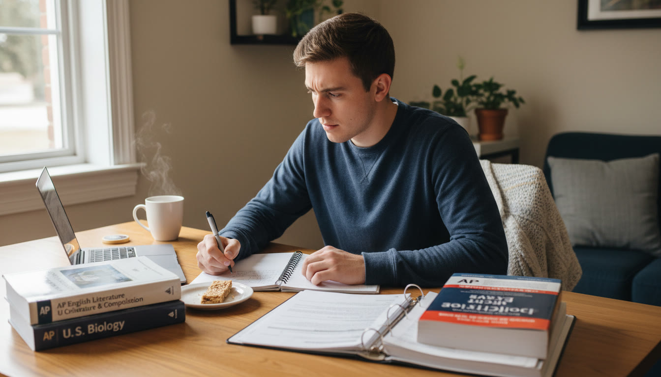 Photo Idea : A student writing a secondary essay at a desk with a laptop, AP textbooks, and a cup of coffee—capture focused expression to convey determination and reflection. Place this image near the conclusion to reinforce the narrative of preparation and thoughtful revision.