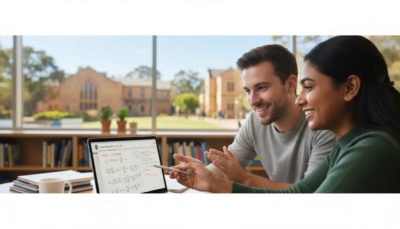 Photo Idea : A close-up of a student receiving one-on-one tutoring on a laptop, with annotated practice problems on the screen and a Monash University campus photo subtly visible in the background.