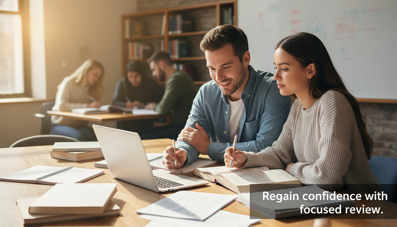Photo Idea : A student working with a tutor one-on-one in a bright study space, laptop open, notes, and a friendly tutor pointing at a problem. Caption suggestion in the image: 