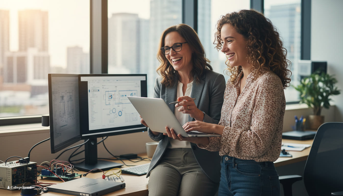 Photo Idea : A dynamic scene of a student at a co-op workplace—standing with a mentor, laptop open, schematics visible—illustrates the payoff of combining AP readiness and co-op experience. Place this mid-article near the co-op preparation sections to reinforce the career connection.
