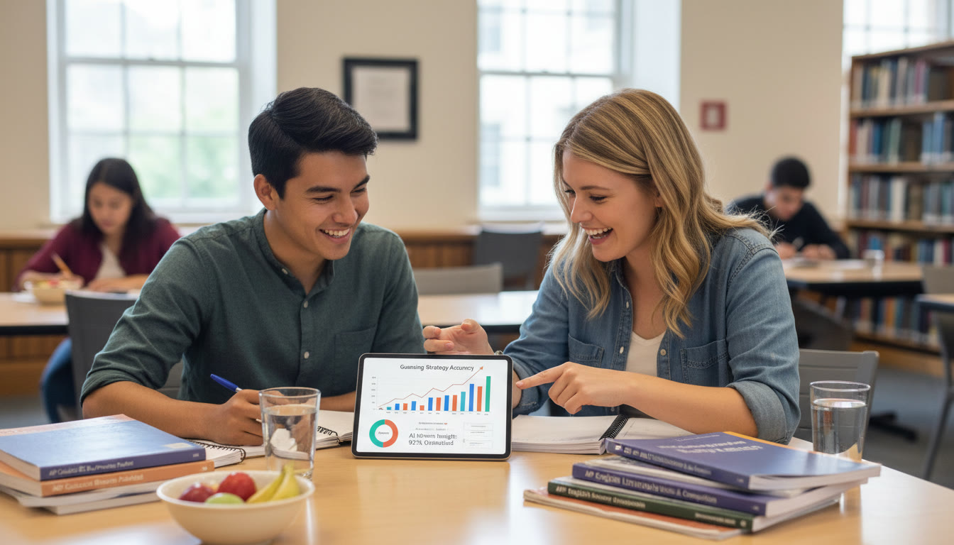 Photo Idea : A tutor and student sitting at a table with practice packets and a tablet showing progress graphs — visualizing how personalized tutoring and AI-driven insights can tighten guessing strategy.
