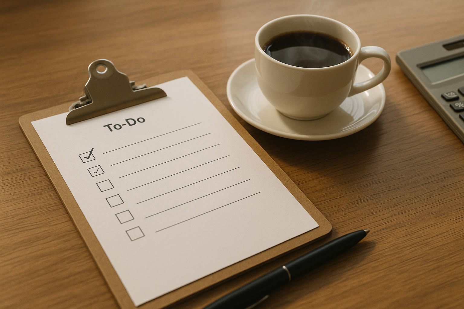 Photo Idea : A close-up image of a checklist on a clipboard next to a cup of coffee and a calculator — an organized, calm workspace conveying preparation.