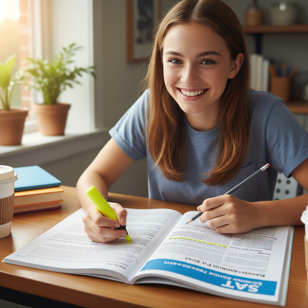 Student annotating a printed SAT passage with highlighter and pencil, showing light marks and a short margin summary to illustrate active reading techniques.