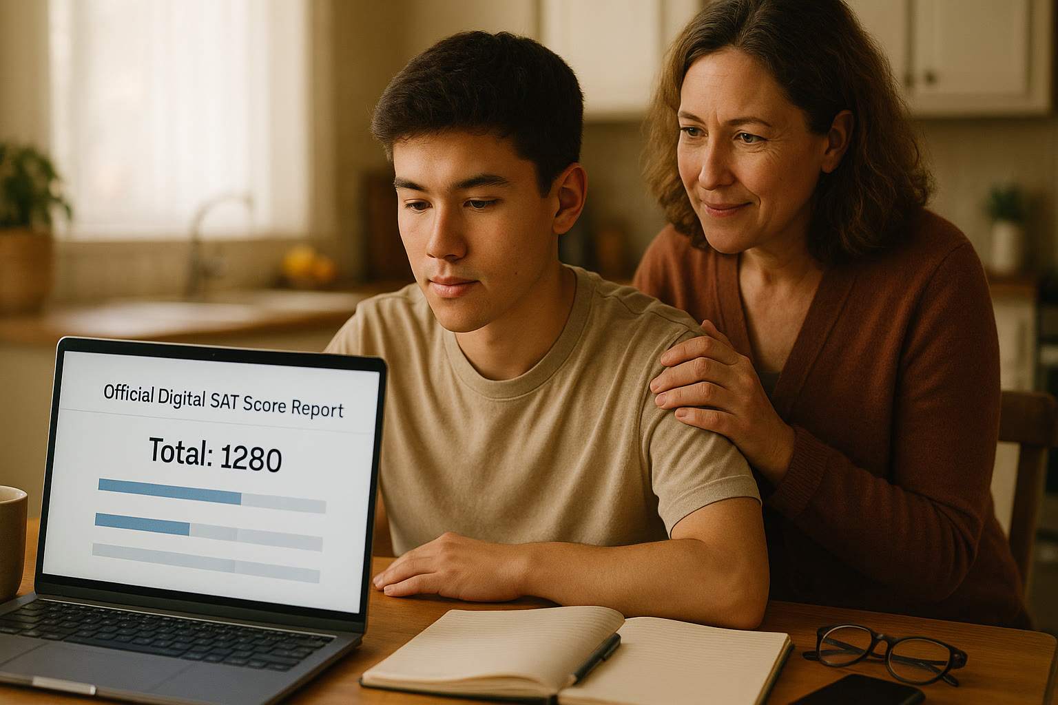 Photo Idea : A student calmly reviewing an official digital SAT score report on a laptop at a kitchen table, with a parent nearby offering quiet support.