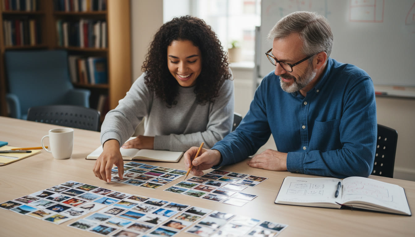 Photo Idea : A student and tutor (over-the-shoulder view) arranging printed thumbnails on a table, pointing and discussing sequencing choices — conveys collaboration and expert feedback.