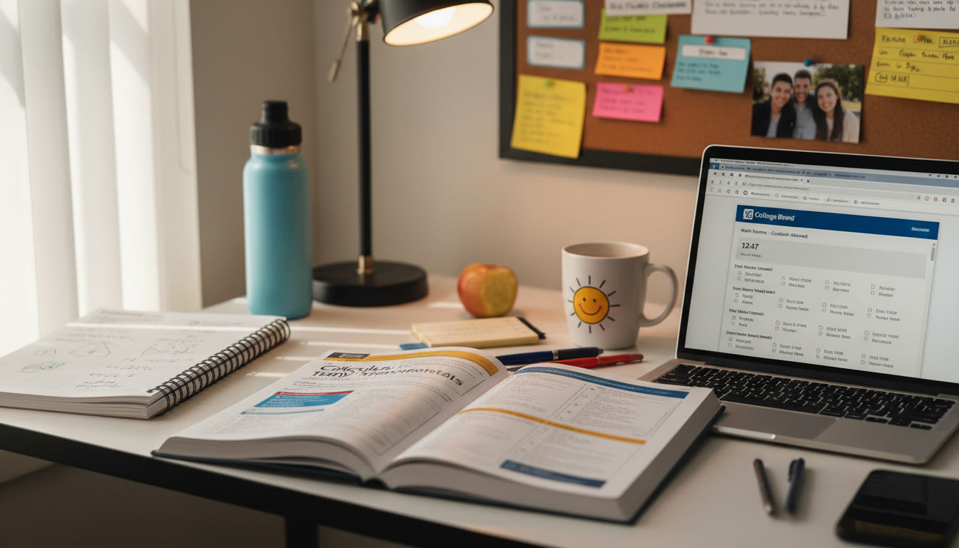 Photo Idea : Close-up of a student s study desk with an open AP Calculus textbook, physics lab notebook, and a laptop displaying a timed SAT Math section illustrates the blended prep approach.