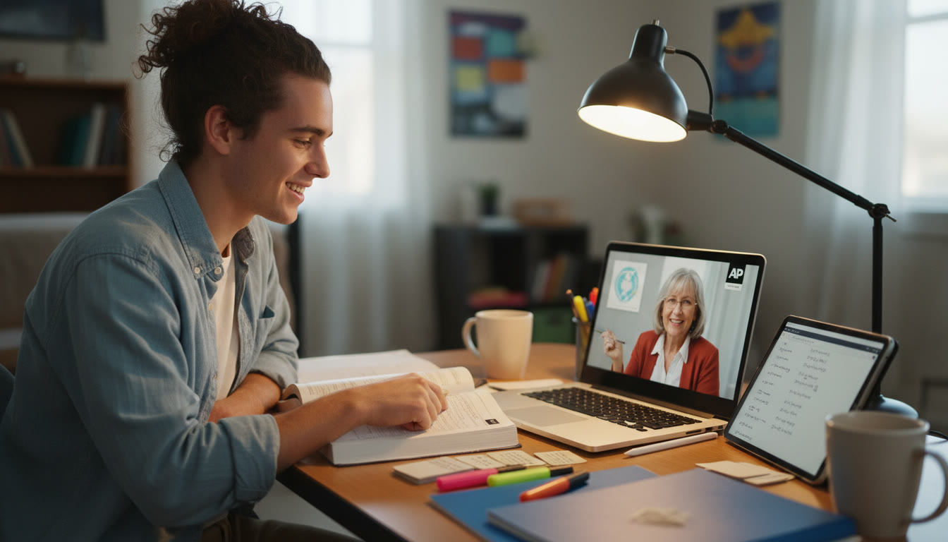 Photo Idea : Close-up of a student studying with AP materials and a tutor via laptop—connotes focused prep, one-on-one guidance, and digital study tools.