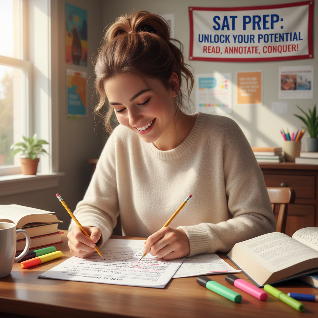 Student annotating a printed SAT passage with a pencil, focusing on underlining transitions and circling errors