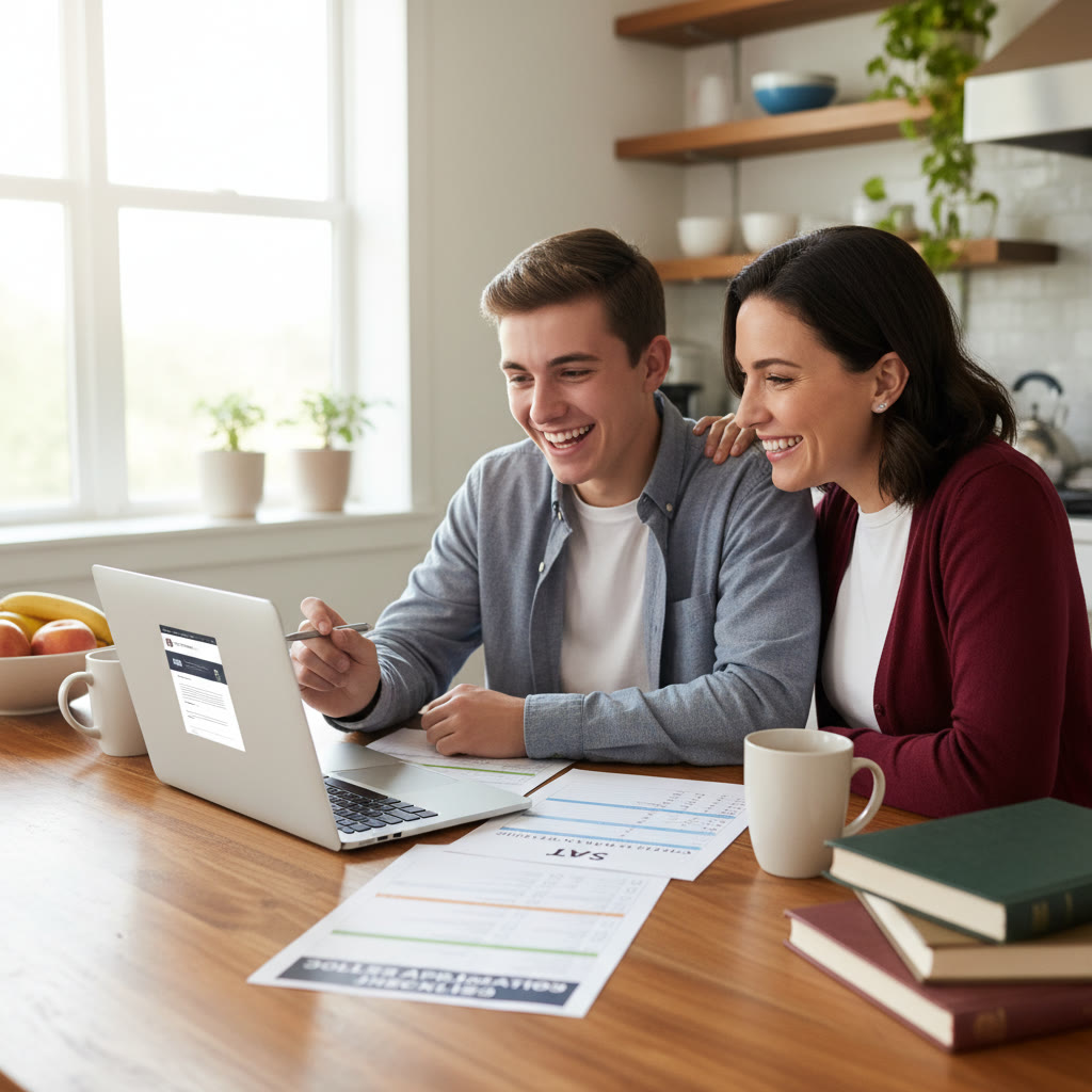 Photo Idea : A high school student and parent reviewing a college application checklist together at a kitchen table — soft natural light, laptop open, papers labeled “UNL” and “SAT”.