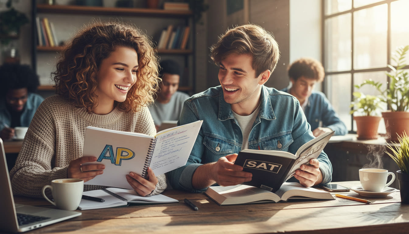 Photo Idea : Two students sitting at a café, smiling over notebooks labeled  AP  and  SAT    warm natural light, casual study vibe to set an encouraging tone near the top of the article.