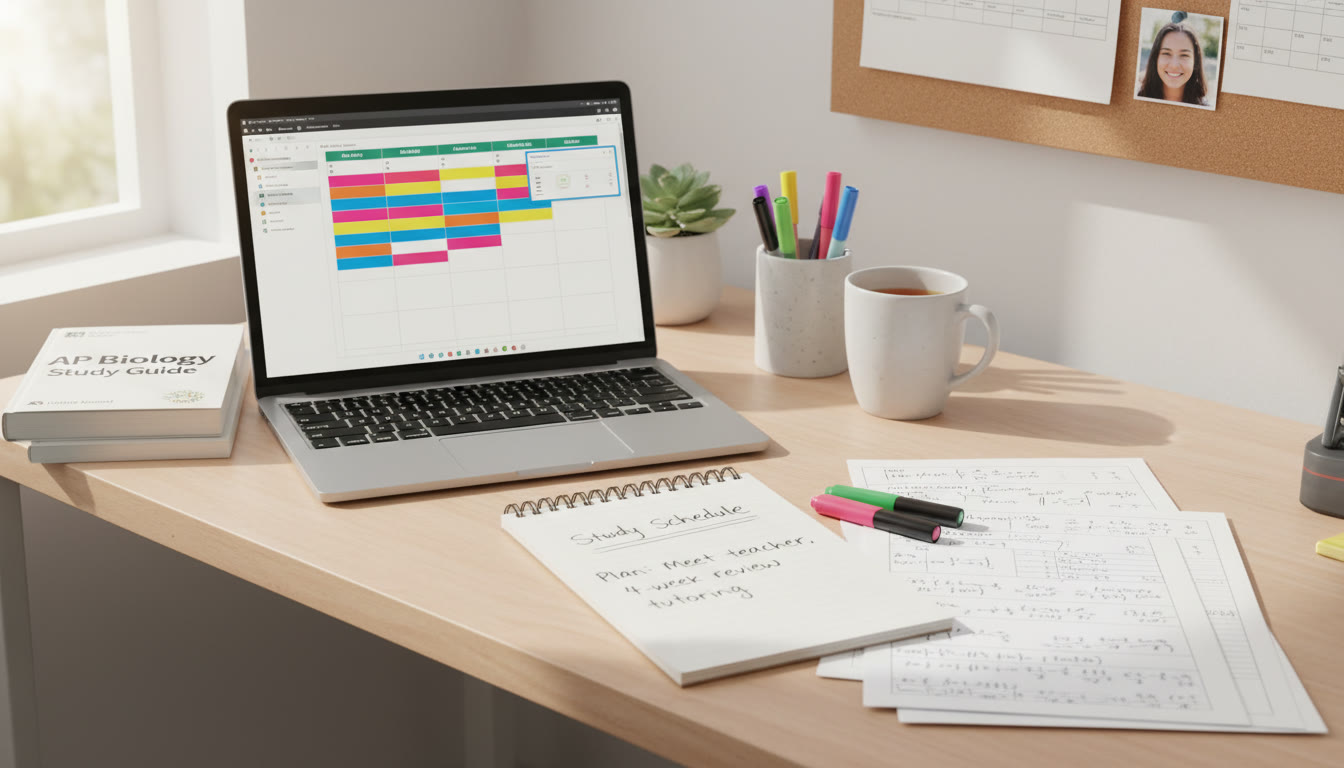 Photo Idea : A tidy study corner with notes, a laptop showing a study schedule, and a notepad where a student has written “Plan: Meet teacher, 4-week review, tutoring.” This reflects the transition from reaction to action in the post-score period.