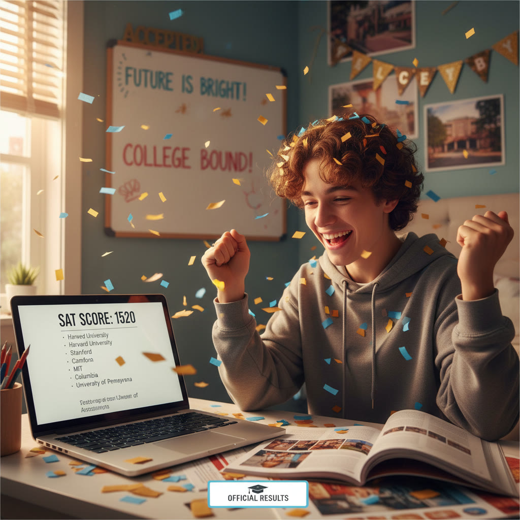 Photo Idea : A high-school student looking at a college list on a laptop with celebratory confetti in the background, conveying excitement after seeing a 1500+ score.