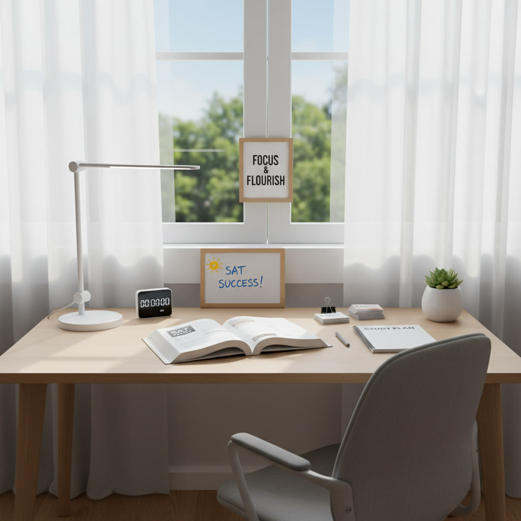 Minimalist study desk by a window with natural light, lamp, timer, and neatly organized study materials — illustrates an ideal distraction-free space.
