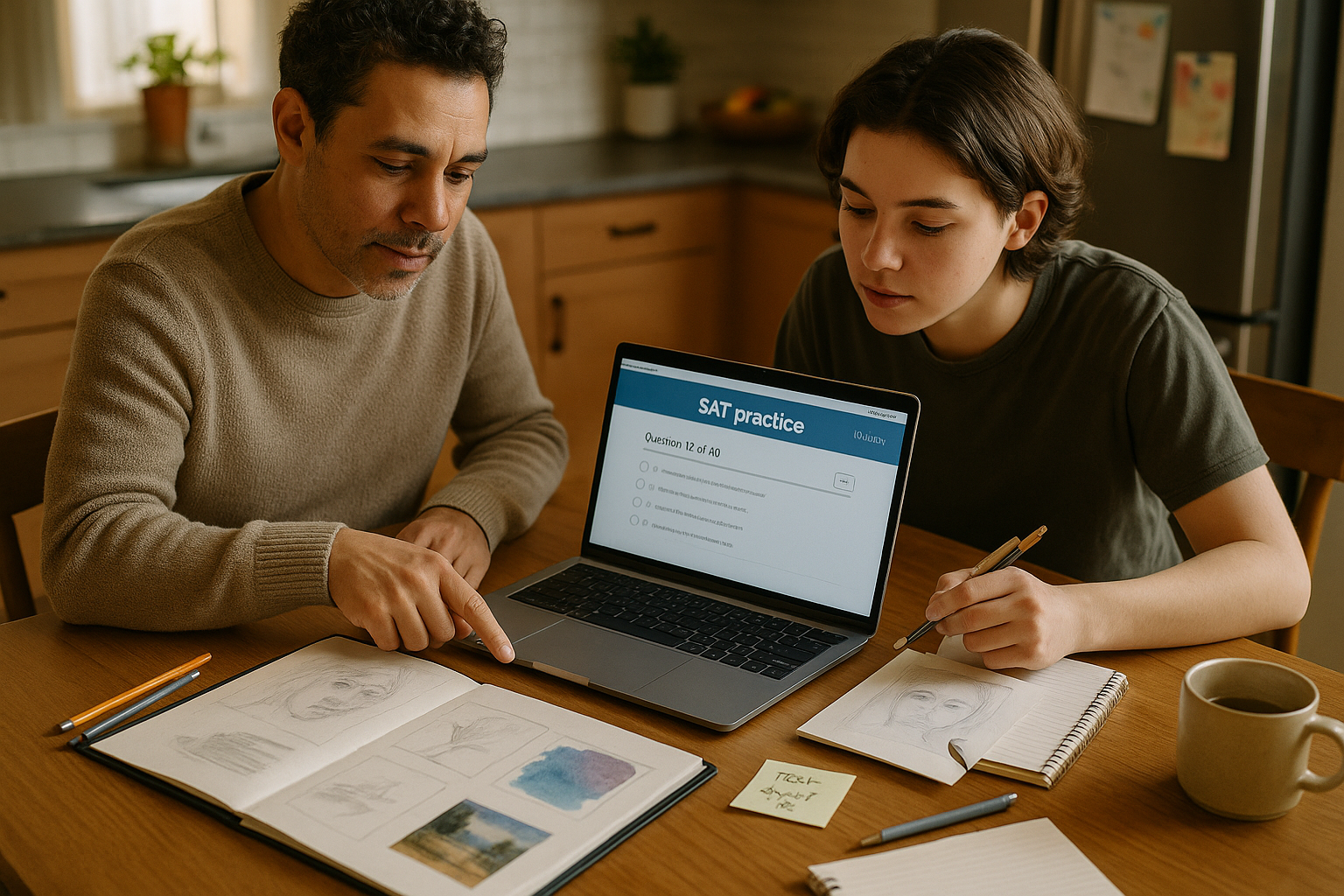 Photo Idea : A parent and teen reviewing an art portfolio at a kitchen table with a laptop showing a digital SAT practice interface—capturing collaboration, calm focus, and planning.