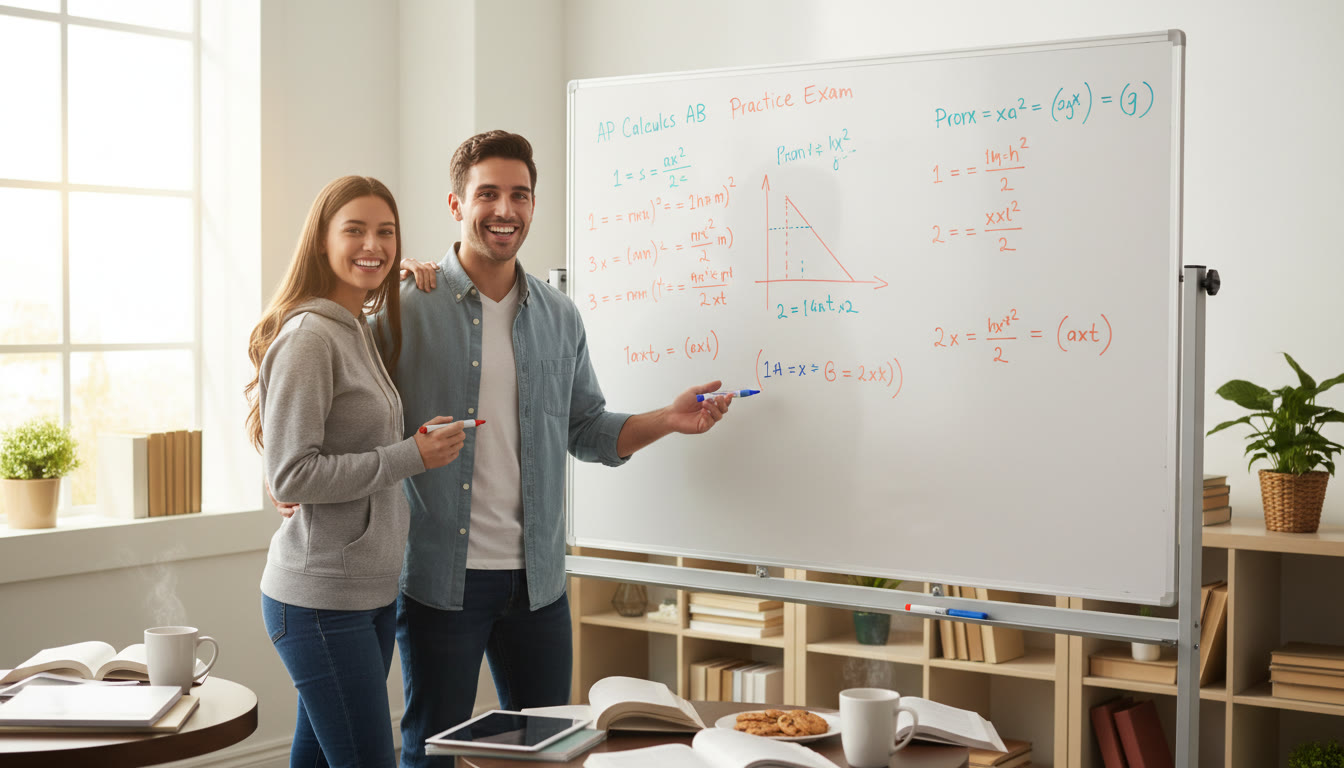 Photo Idea : A warm, collaborative tutoring session with a student and tutor reviewing an AP practice exam on a whiteboard — conveys personalized support and focused problem-solving.