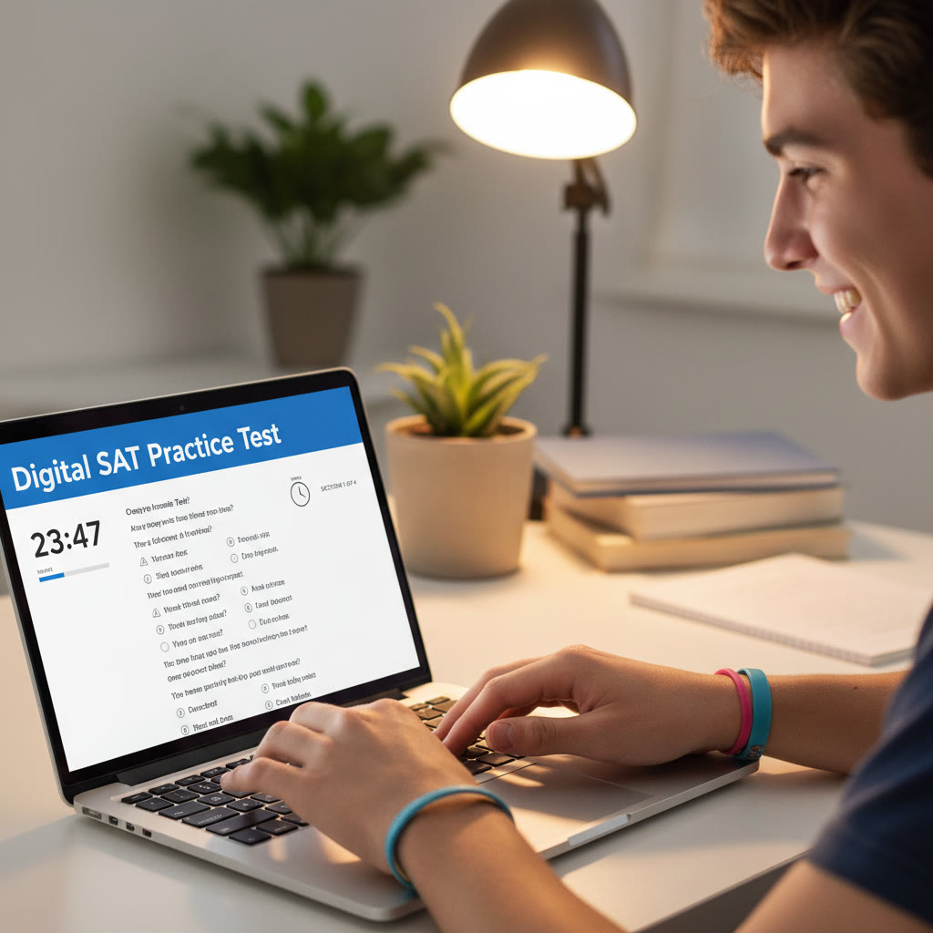 Photo Idea : A close-up of a student’s hands typing answers on a tablet or laptop during a Digital SAT practice session, with practice timers visible on screen.