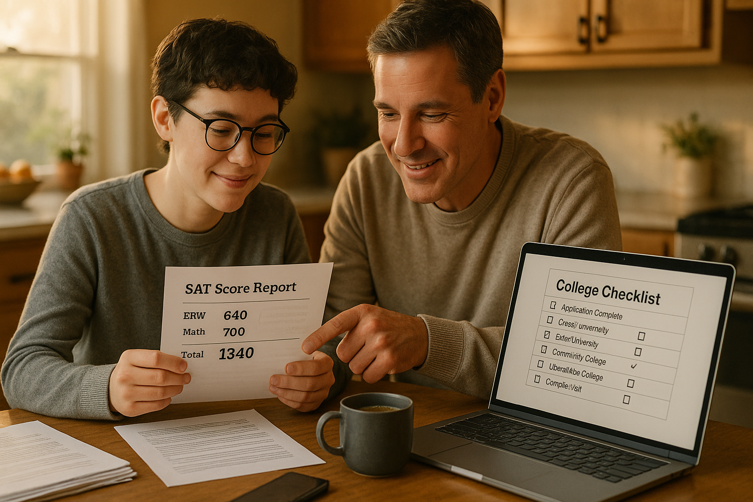 Photo Idea : A warm image of a parent and student reviewing an SAT score report together at the kitchen table, with a laptop showing a college checklist — conveys collaboration and planning.