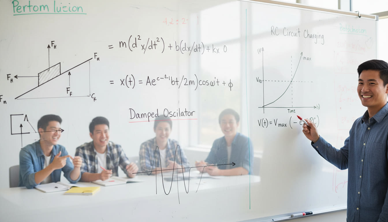 Photo Idea : A whiteboard captured mid-explanation: a free-body diagram, a solved ODE for a damped oscillator, and a plotted exponential charging curve for an RC circuit—visualizes how calculus tools map to different physics problems.