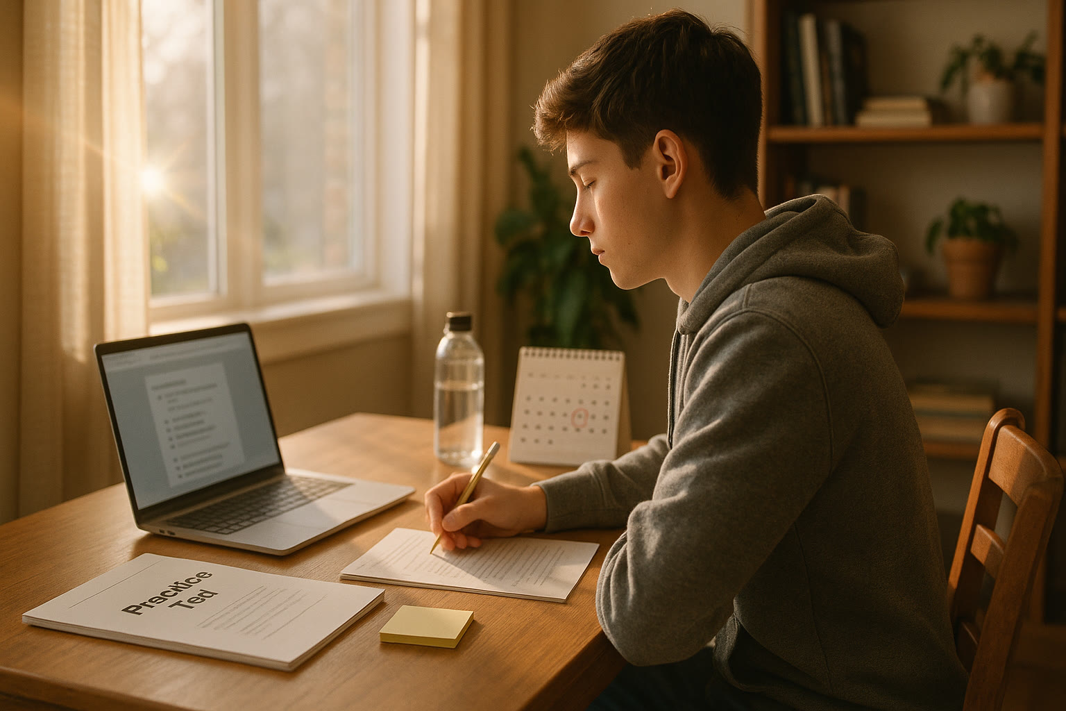 Photo Idea : A high school student at a desk with a laptop and practice test booklet, sunlight coming through a window; a calendar with test-date circled sits beside them.