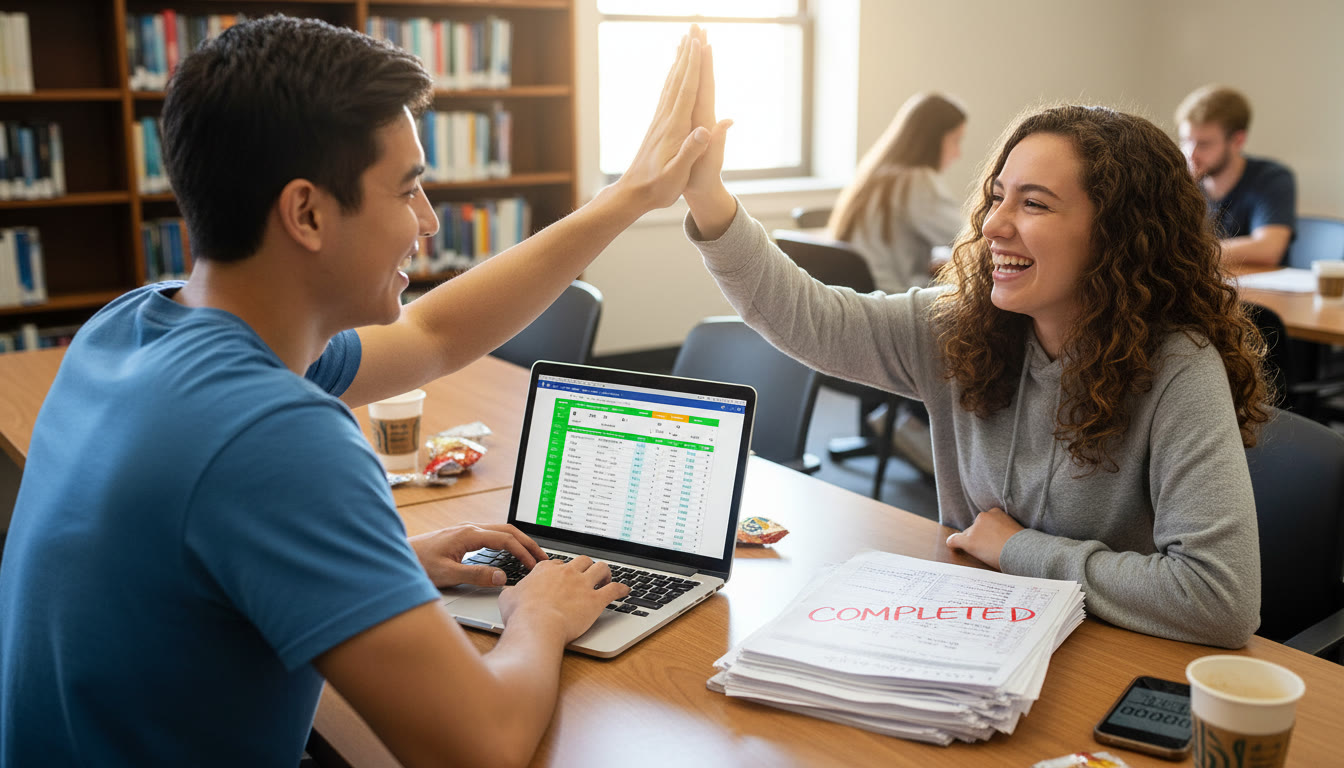 Photo Idea : Two students at a table with a laptop screen showing a digital rubric and a printed practice exam, high-fiving after finishing a timed mock—captures triumph and teamwork in exam prep.