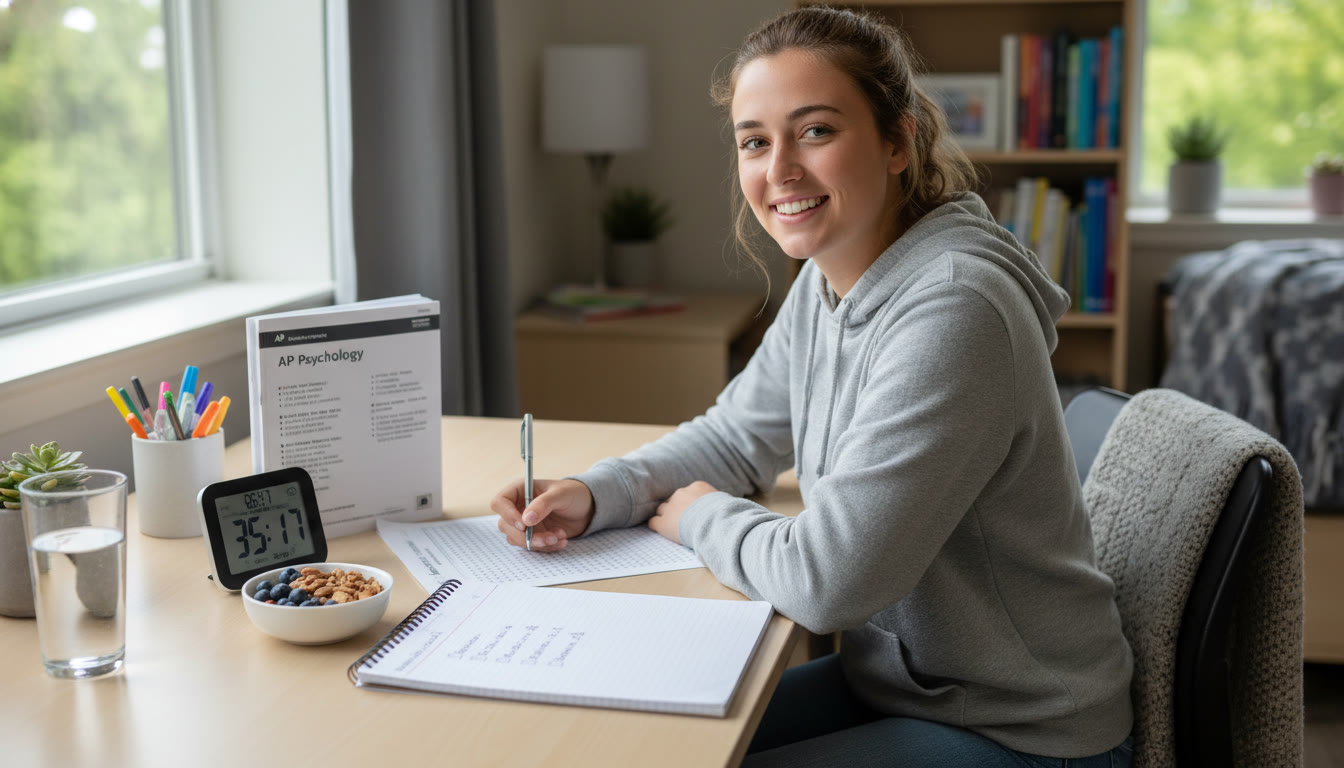 Photo Idea : A bright, calming image of a student doing a timed practice test at a desk, with a visible handwritten checklist and a small bowl of snacks — emphasizing focus and balanced study habits.