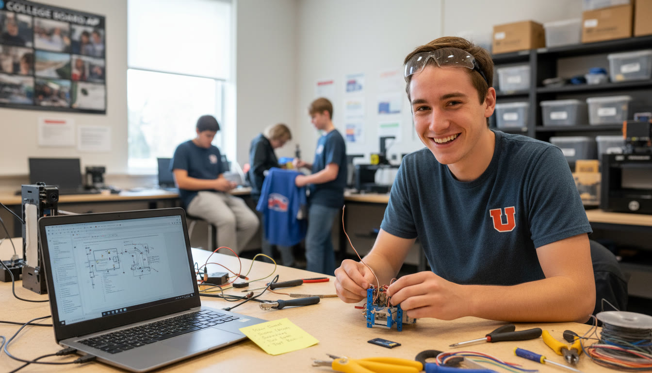 Photo Idea : A bright, candid shot of a Utah high school student working on a robotics project in a school makerspace — tools, a laptop with circuits, and a sticky note project plan visible. This image should appear near the top to set an inspirational tone for STEM-driven preparation.