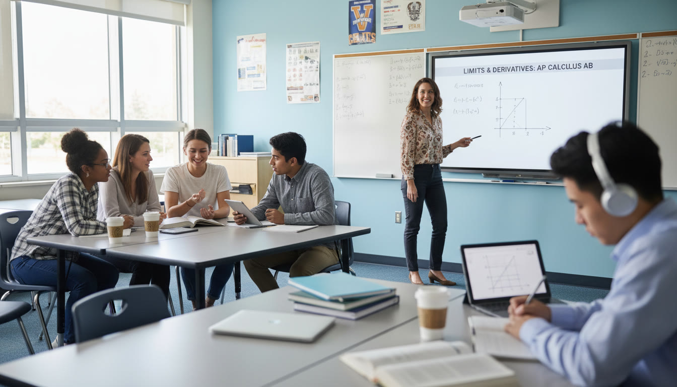 Photo Idea : A bright classroom scene showing a teacher at the board explaining a calculus concept while a small group of students works collaboratively — conveys classroom dynamics and pacing differences.