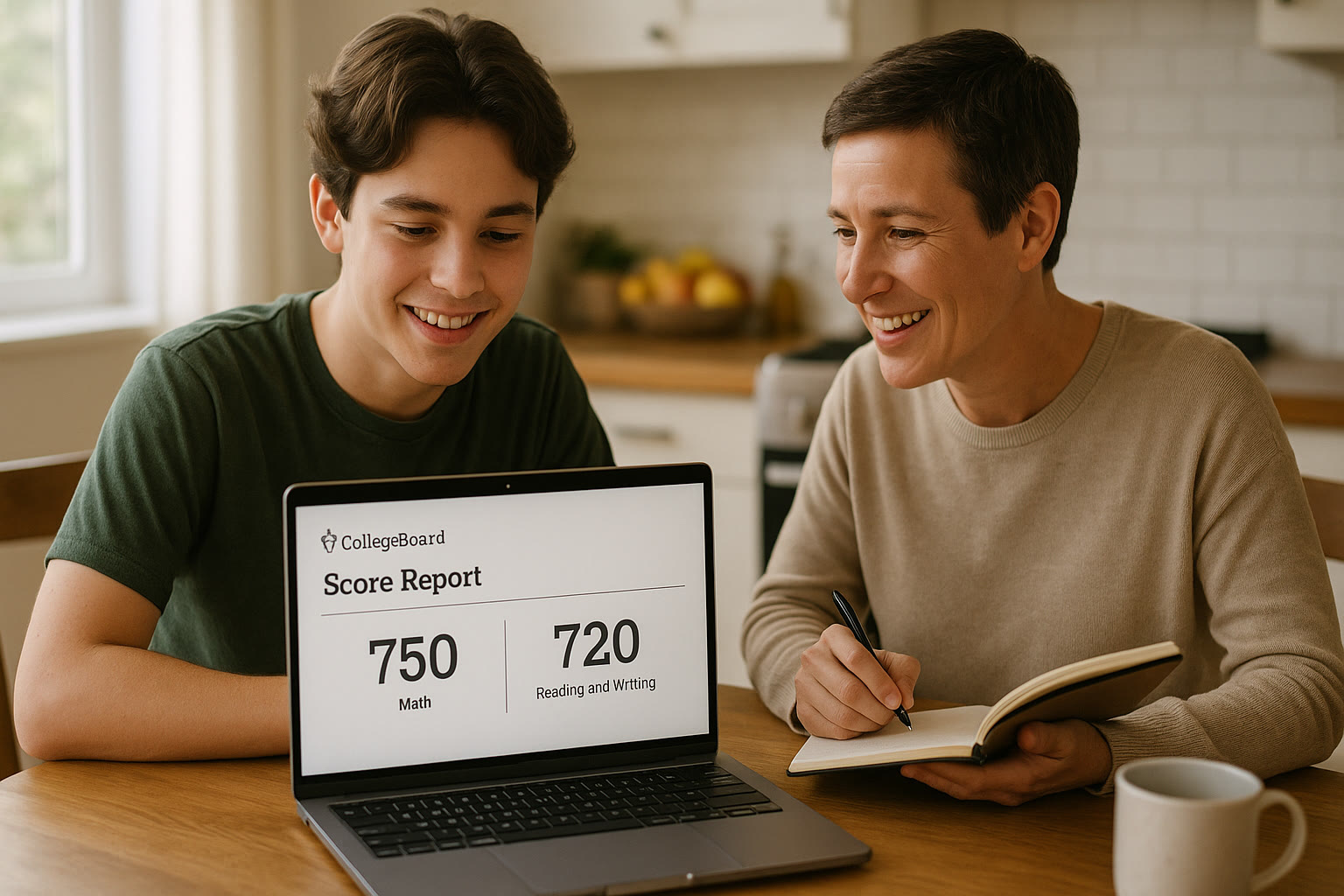 Photo Idea : A student at a kitchen table with a laptop showing a College Board score report on screen, a parent nearby with a notebook, both smiling and discussing. Natural lighting, real-world kitchen setting.