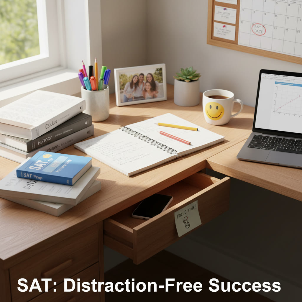 Student desk with study materials and phone turned face down in a drawer to show distraction control