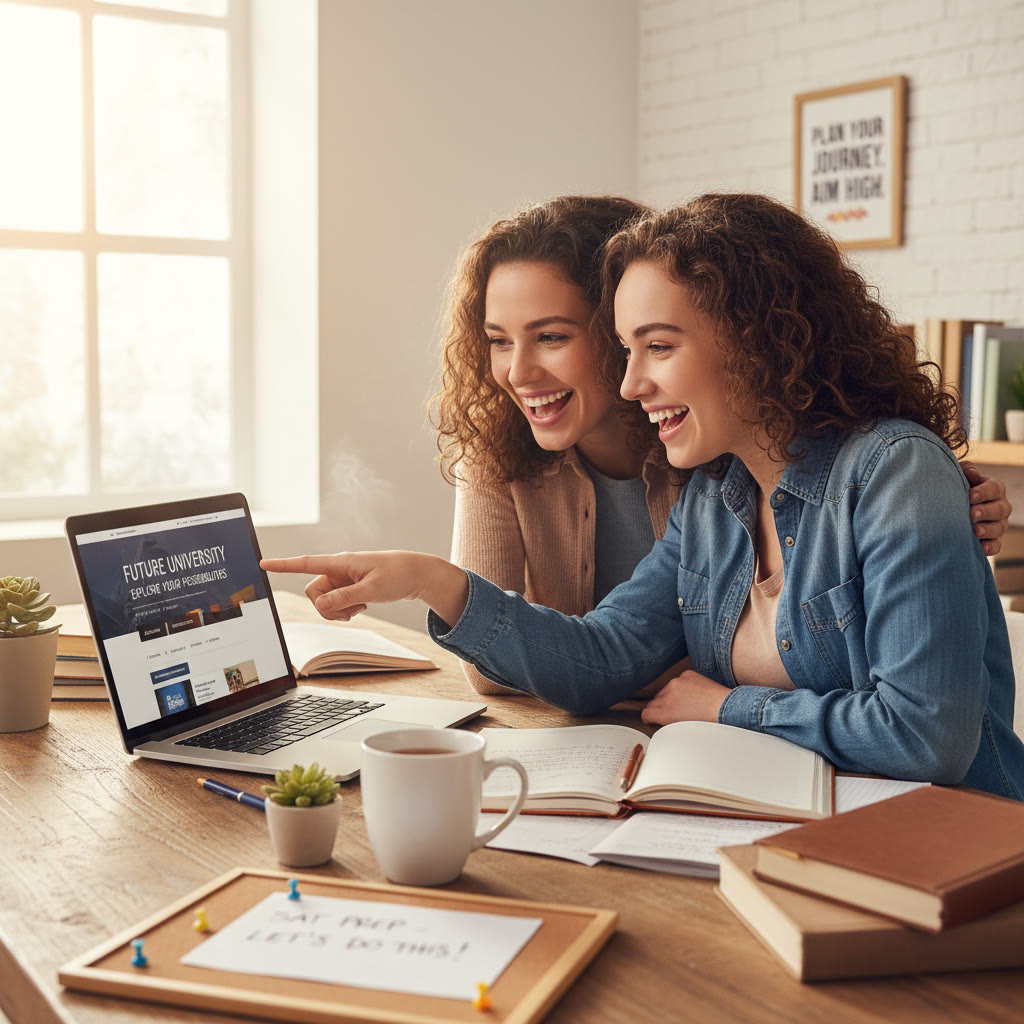 Photo Idea : A calm study scene with a student and parent looking at a laptop showing college pages; soft natural light, open notebooks, a cup of tea — conveys partnership and planning.