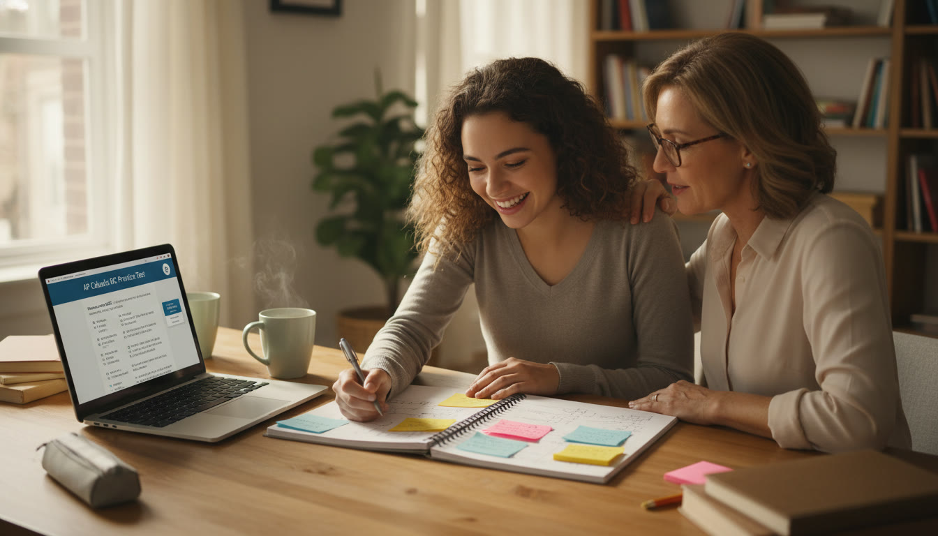 Photo Idea : A cozy study scene showing a student and parent reviewing a notebook together, sticky notes visible, laptop open to a practice test—warm natural light to suggest calm, intentional reviewing.