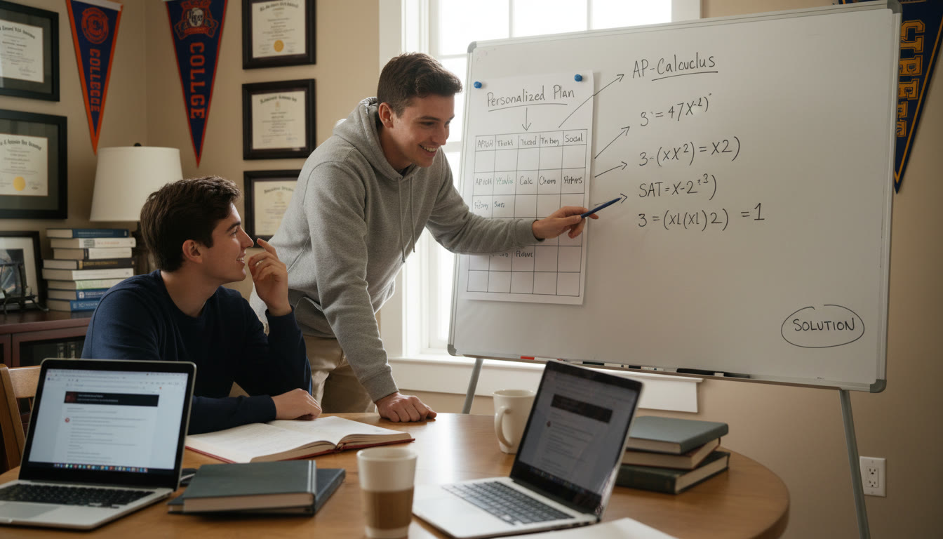 Photo Idea : A small, collaborative tutoring session with a student and a tutor (or parent), whiteboard notes showing a problem solution and a calendar with a balanced study schedule — highlighting personalized coaching in action.
