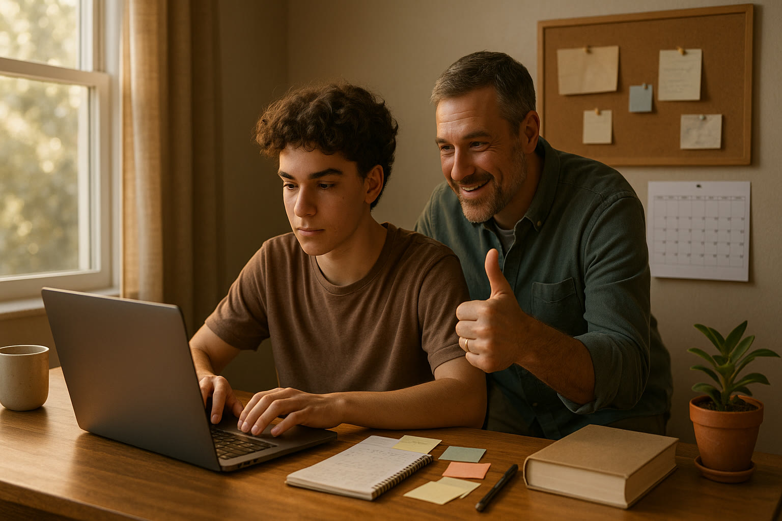 Photo Idea : A cozy study nook at home with a student practicing on a laptop and a parent offering a supportive thumbs-up—soft natural light, notes and a calendar visible.