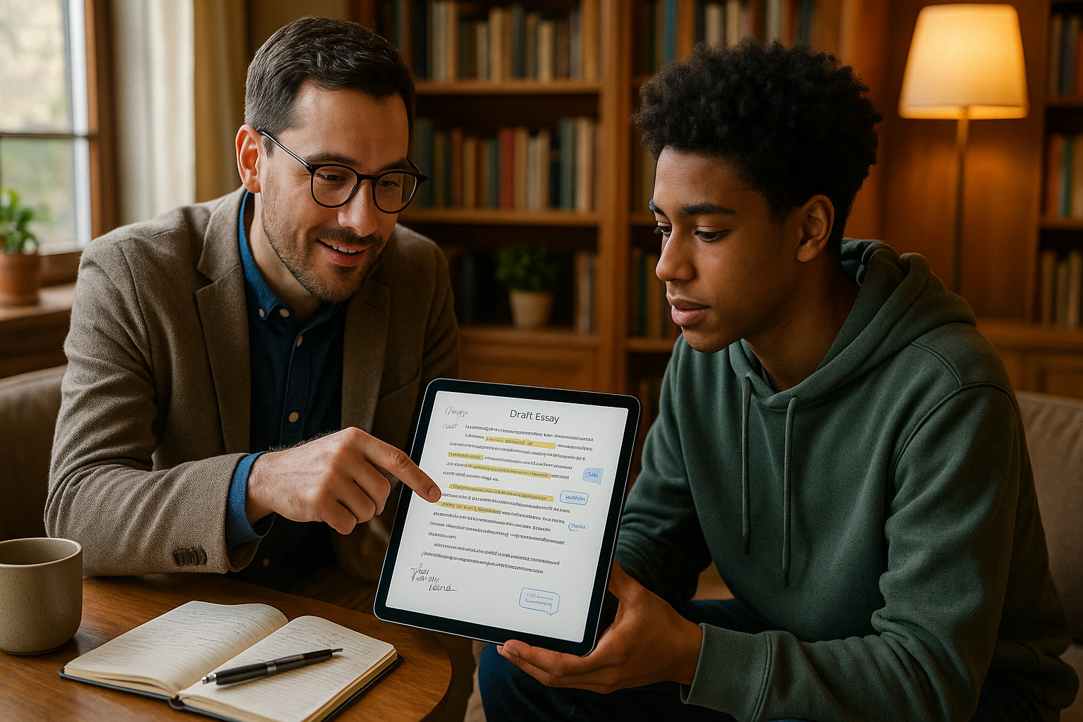 Photo Idea : A tutor and student in a cozy library nook, looking over a draft essay together on a tablet; annotated notes visible, conveying collaboration and personalized attention.
