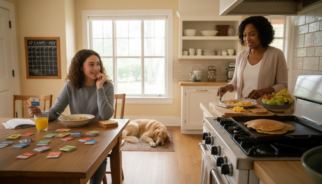 Photo Idea : A warm morning kitchen scene where a teen reviews flashcards at the table while a parent prepares a nutritious breakfast. Natural light, relaxed atmosphere, candid moment showing teamwork.