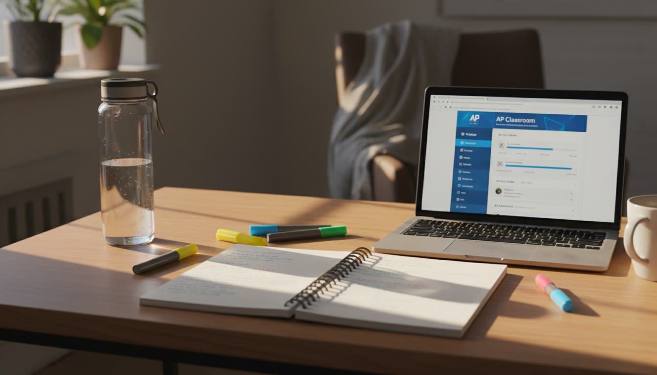 Photo Idea : A relaxed desk scene in late afternoon light with a notebook, highlighters, a water bottle, and a laptop open to an AP Classroom page — suggests productive but calm summer study.