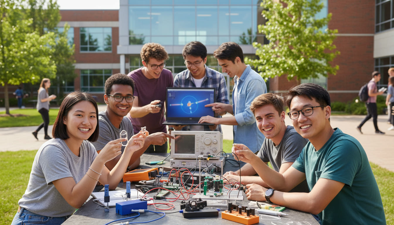 Photo Idea : A college campus scene with students collaborating on a physics lab bench or huddled around a laptop building a simulation, evoking teamwork and hands-on learning at a technical school.