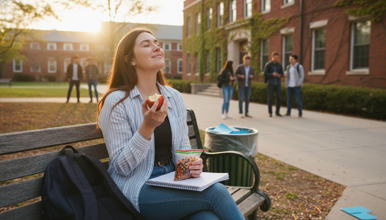 Photo Idea : A calm post-exam scene: a student sitting on a bench outside the school, notebook closed, breathing easy with a snack—visualizing recovery and small wins after an exam.