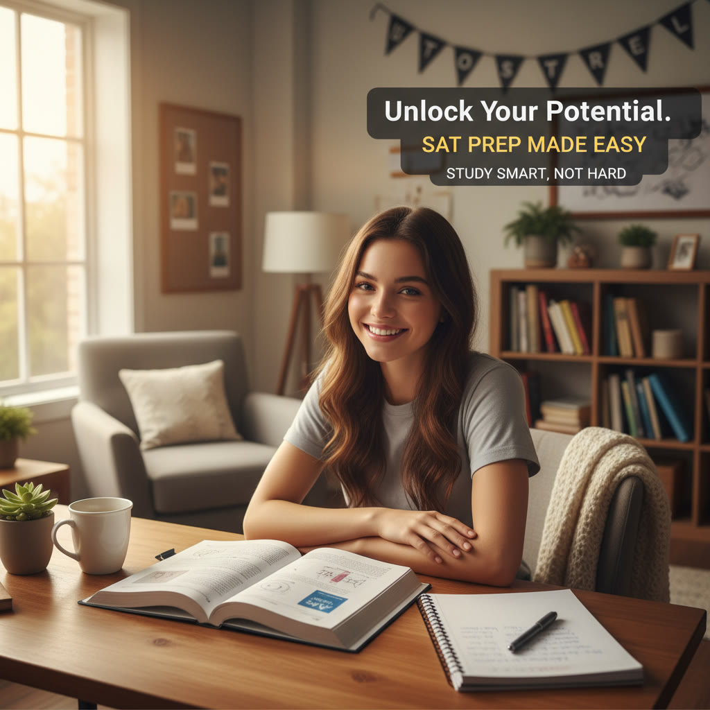 Student seated at a desk with open SAT book and notebook, relaxed atmosphere, studying without a timer