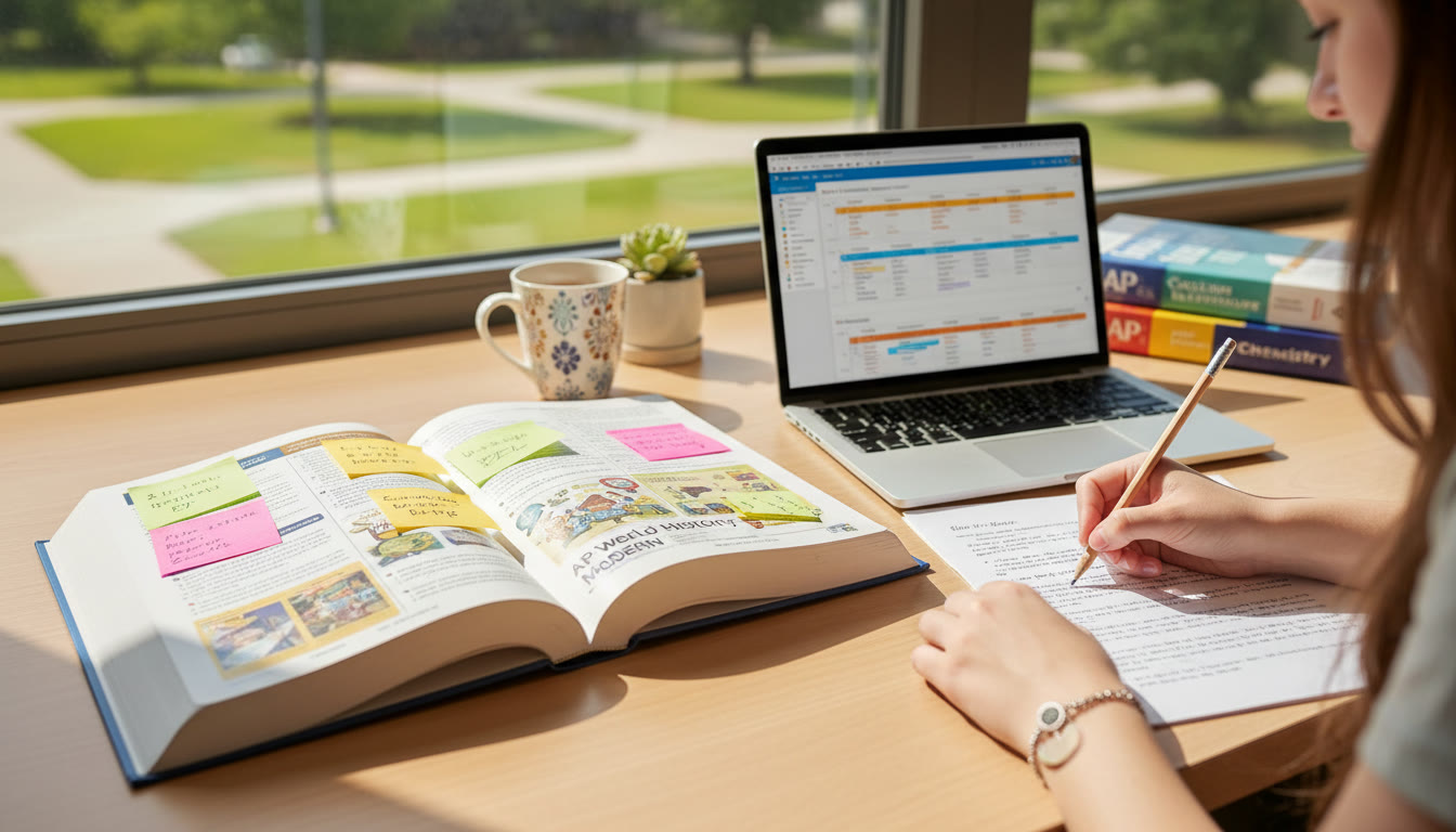 Photo Idea : A bright study desk with an open AP World History textbook, sticky notes, and a laptop showing a digital timeline; a student’s hand is annotating a primary source.