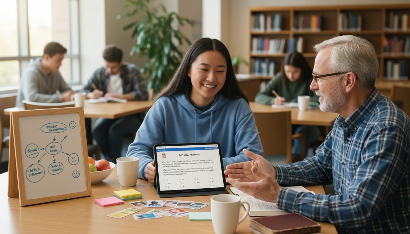 Photo Idea : A friendly tutoring session in progress: a student and tutor at a table with a tablet showing an AP practice question; tactile study aids and a small whiteboard display a concept map—illustrating personalized, human‑centered guidance.