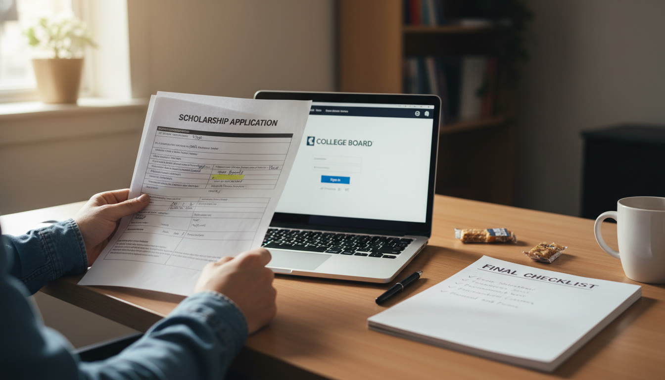 Photo Idea : A close-up of a student’s hands holding a printed scholarship application next to a laptop with a College Board login screen visible — suggests preparation and action, placed near the final checklist section.